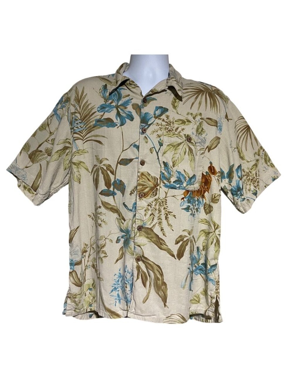 Banana Cabana Mens Silk Hawaiian Shirt Size Large Floral Print Beige Green Blue